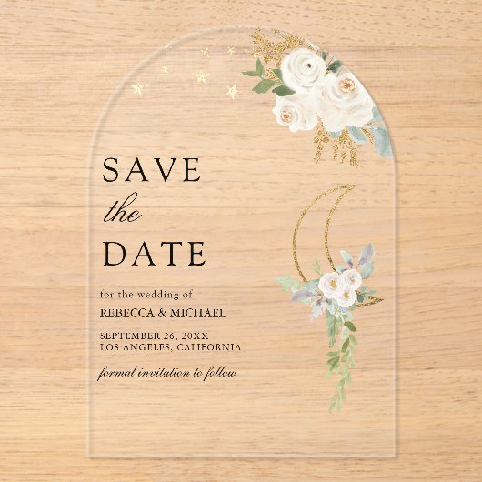 セージ緑のアイボリーフローラムーンウェディング日付を保存 アクリル招待状 (正面)