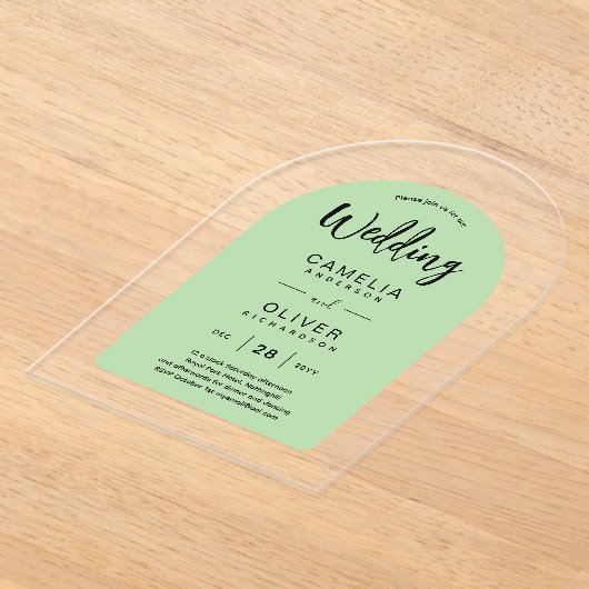 セージ緑のアーチアクリルの結婚式の招モダン待 アクリル招待状 (レイダウン)