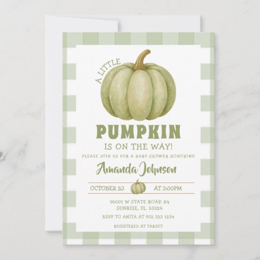 セージ緑のカボチャは途中ベビーシャワー 招待状 (正面)