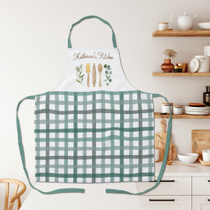 セージ緑のギンガムプレイドパターンキッチン器具 エプロン