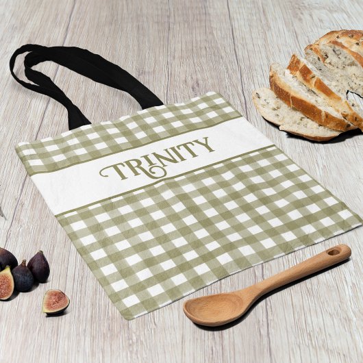 セージ緑のギンガムプレイドパーソナライズされた トートバッグ