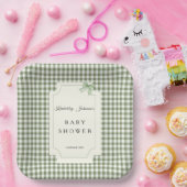 セージ緑のギンガムベビーシャワー招待状とボウ ペーパープレート (パーティー)