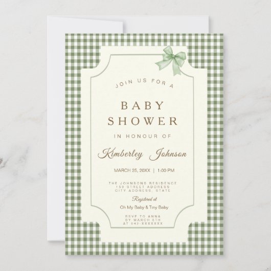 セージ緑のギンガムベビーシャワー招待状とボウ 招待状 (正面)