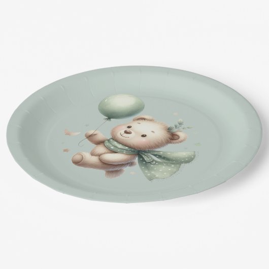 セージ緑のクマ赤ちゃんシャワー ペーパープレート (アングル)