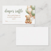 セージ緑のクマ赤ちゃんバルーンシャワーおむつラッフル エンクロージャーカード (正面/裏面)