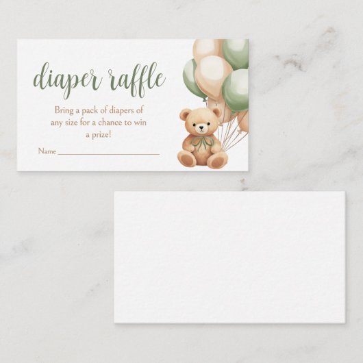 セージ緑のクマ赤ちゃんバルーンシャワーおむつラッフル エンクロージャーカード (正面/裏面)
