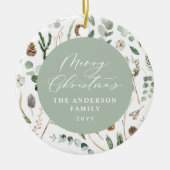 セージ緑のクリスマスミニマル植物写真 セラミックオーナメント (正面)
