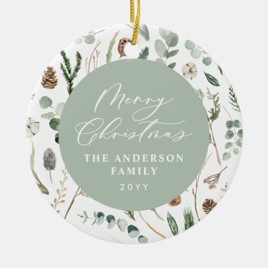 セージ緑のクリスマスミニマル植物写真 セラミックオーナメント (正面)