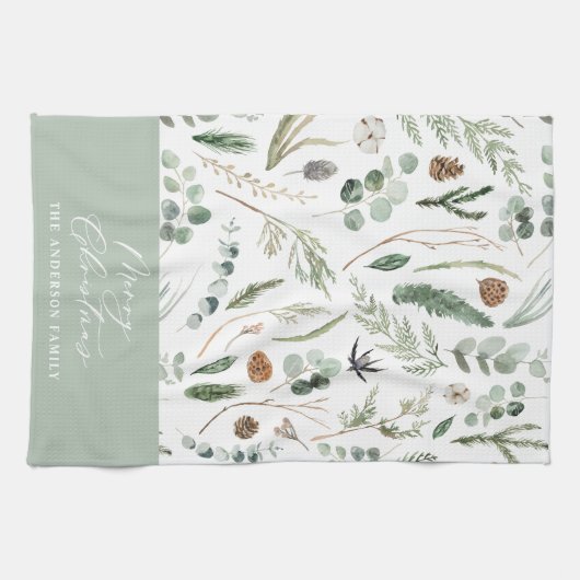 セージ緑のクリスマスミニマル植物学 キッチンタオル (横)