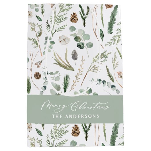 セージ緑のクリスマスモダンボミニマルタニカルラップ ミディアムペーパーバッグ (正面)