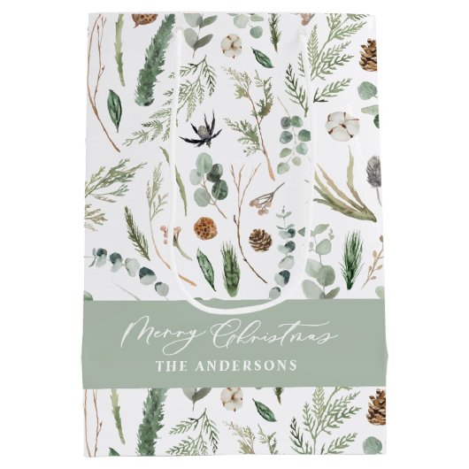 セージ緑のクリスマスモダンボミニマルタニカルラップ ミディアムペーパーバッグ (裏面)