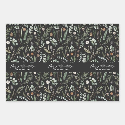 セージ緑のクリスマスモダンボミニマルタニカルラップ ラッピングペーパーシート (正面2)
