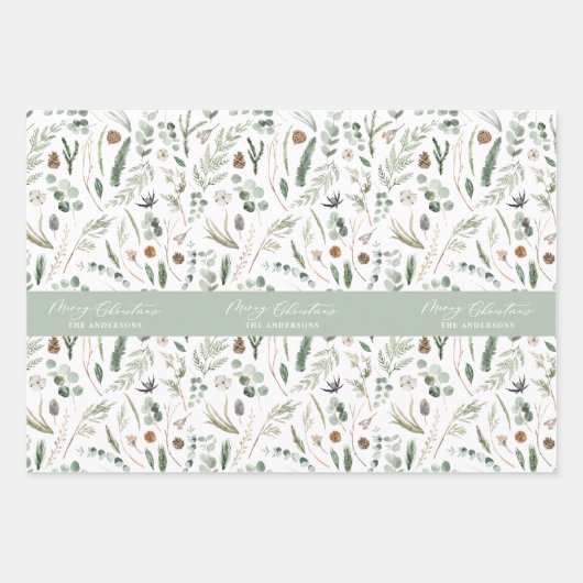 セージ緑のクリスマスモダンボミニマルタニカルラップ ラッピングペーパーシート (正面)