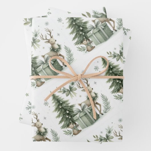 セージ緑のクリスマスラッピング紙- 3セット ラッピングペーパーシート (インサイチュ)