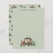 セージ緑のクリスマスランタンパインベリー ノートカード (正面/裏面)