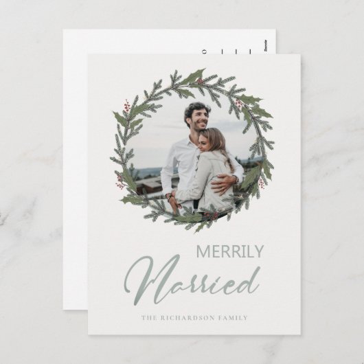 セージ緑のクリスマスリース写真メリー結婚したリー シーズンポストカード (正面/裏面)