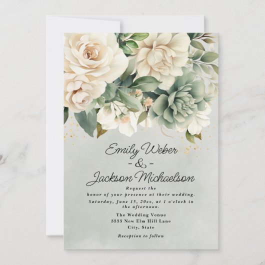セージ緑のクリーム水カラーフローラ結婚金ゴールド 招待状 (正面)