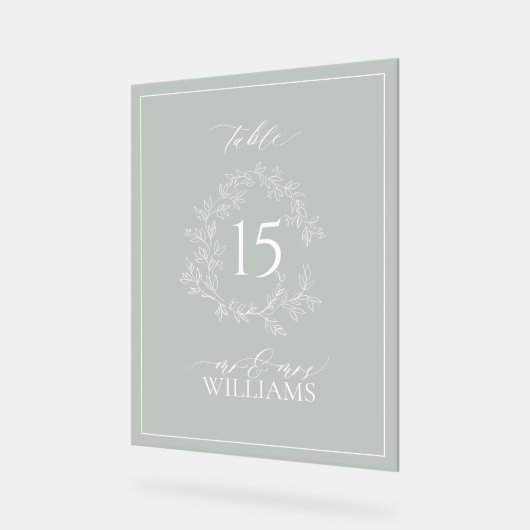 セージ緑のクレストモノグラム結婚のテーブル番号 アクリルサイン (傾斜)