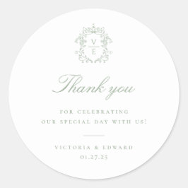 セージ緑のクレストモノグラム結婚の感謝 ラウンドシール