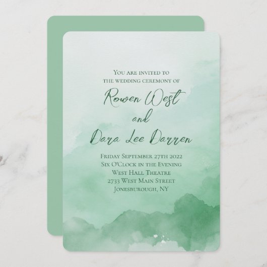 セージ緑のグラデーション水絵を描色結婚の 招待状 (正面/裏面)