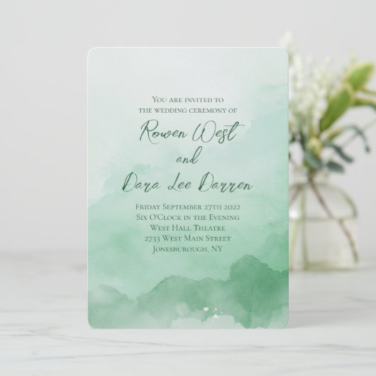 セージ緑のグラデーション水絵を描色結婚の 招待状 (スタンド正面)