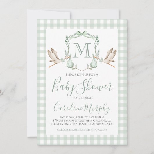 セージ緑のコウノトリ赤ちゃんシャワージンガ名門私立校風のム 招待状 (正面)