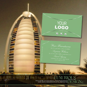 セージ緑のシルバーデコールスパークルダイヤモンドとロゴ 名刺