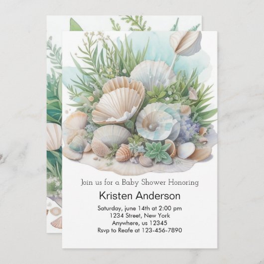 セージ緑のシーシェルお洒落牧草地ベビーシャワー 招待状 (正面/裏面)