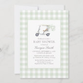 セージ緑のジンガム男女兼用ゴルフベビーシャワー 招待状 (正面)