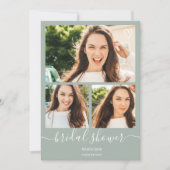 セージ緑のスクリプトハート4枚の写真ブライダルシャワー 招待状 (正面)