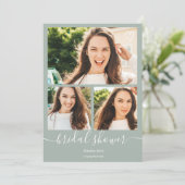 セージ緑のスクリプトハート4枚の写真ブライダルシャワー 招待状 (スタンド正面)