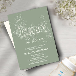 セージ緑のスクリプトフラワー蝶ベビーイン開花 招待状