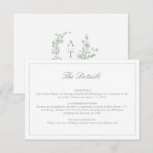 セージ緑のスクリプトワイルドフラワーモノグラム詳細カード 招待状 (正面/裏面)