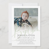 セージ緑のスクリプト写真のバプテスマ 招待状 (正面)