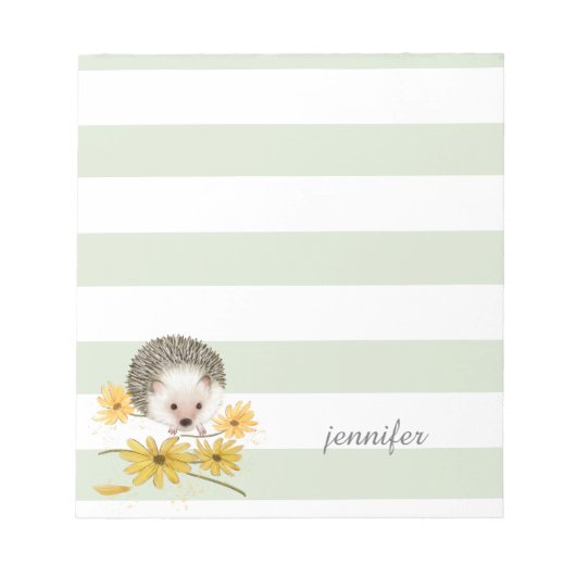 セージ緑のストライプハリネズミのメモ帳 ノートパッド (正面)