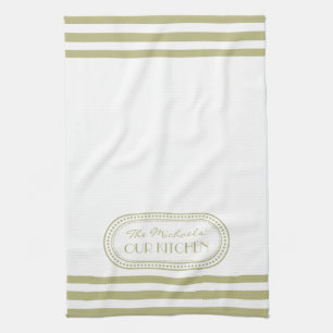 セージ緑のスポーティストライプパタンモノグラム キッチンタオル