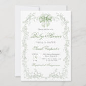 セージ緑のトイルとボウベビーシャワー 招待状 (正面)