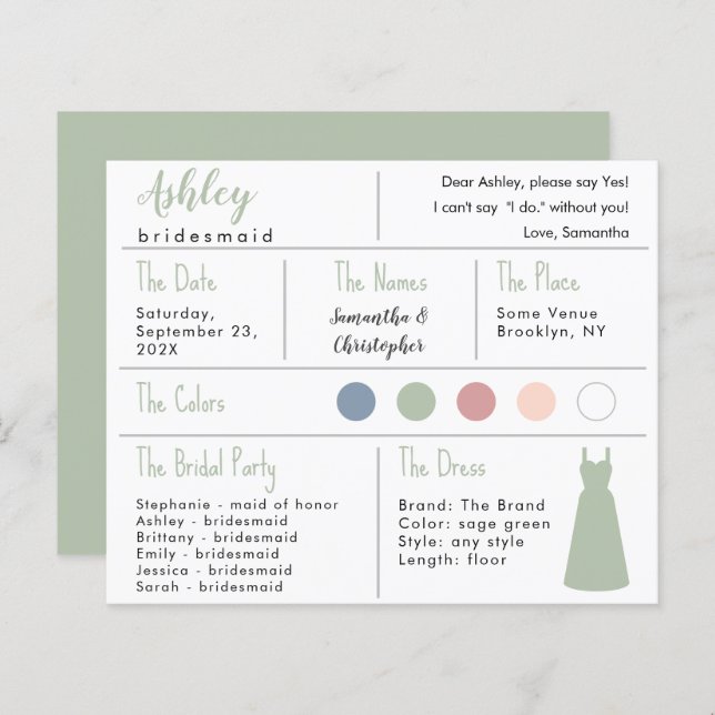 セージ緑のドレス色の花嫁メイド情報カード (正面/裏面)
