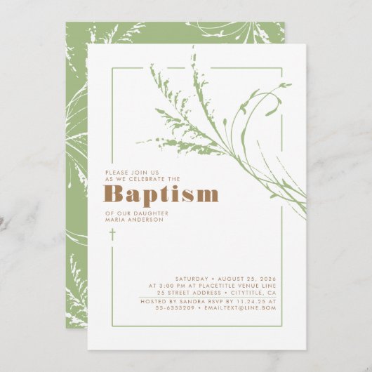 セージ緑のパンパスグラスモダンミニマリスト洗礼 招待状 (正面/裏面)