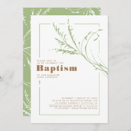 セージ緑のパンパスグラスモダンミニマリスト洗礼 招待状