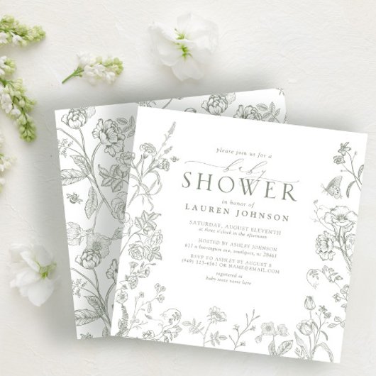 セージ緑のビクトリアンフローラエレガントベビーシャワー 招待状
