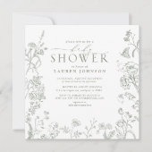 セージ緑のビクトリアンフローラエレガントベビーシャワー 招待状 (正面)