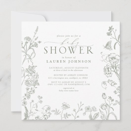 セージ緑のビクトリアンフローラエレガントベビーシャワー 招待状 (正面)