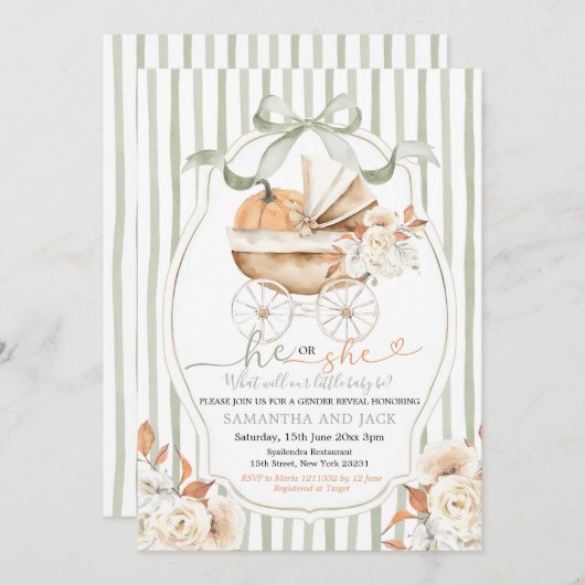 セージ緑のフローラかぼちゃのキャリッジの性別の表示 招待状 (正面/裏面)