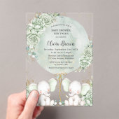 セージ緑のフローラゾウ双生児シャワー アクリル招待状 (インサイチュ (ポータブル))