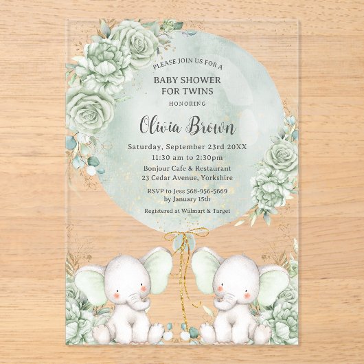 セージ緑のフローラゾウ双生児シャワー アクリル招待状 (正面)