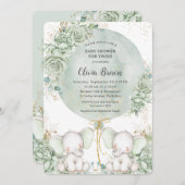セージ緑のフローラゾウ双生児シャワー 招待状 (正面/裏面)