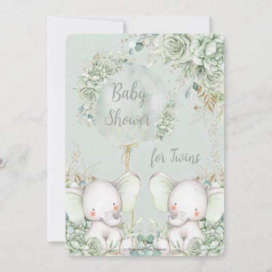 セージ緑のフローラゾウ双生児シャワー 招待状 (裏面)