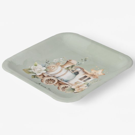 セージ緑のフローラトレインボーイベビーシャワー ペーパープレート (傾斜あり)