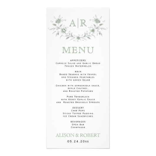 セージ緑のフローラフレーム結婚モノグラムのメニューカード ラックカード (正面)